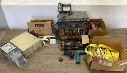 Pallet of Hand Tools, Misc Auto Parts, Tow Straps, Tool Box, Plus More