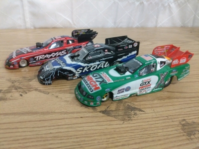 Die Cast 1/24 scale Funny Cars (3) Courtney Force Traxxas Ford Mustang, Don Prudhomme Skoal Chevy Camaro, John Force Carol GTX Ford Mustang