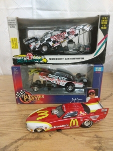 Die Cast 1/24 scale Funny Cars (3) John Force Castrol GTX Pontiac Firebird, Dean Skuza MATCO Tools Dodge, Pendregon McDonald's Pontiac Firebird