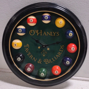 O'Hanlys Tavern & Billiards Round Plastic Battery Powered Wall Clock