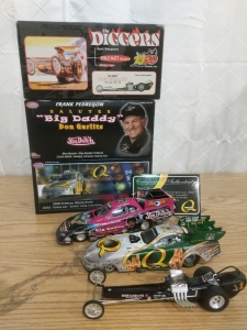 3) Diecast Drag Cars-Don Garlits Swamp Rat VI Digger, Don Garlits Von Dutch Dodge Funny Car, Larry Minor Quaker State Chevy Monte Carlo