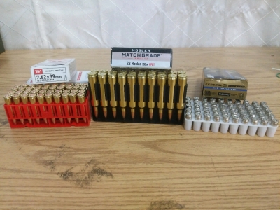 Ammunition! Mixed Lot-20rds Nosler 28 Nosler 168gr HPBT, 50rds Federal Law Enforcement 9mm Hollowpoint, and 40rds Winchester (PPU) 7.62x39mm 123gr FMJ