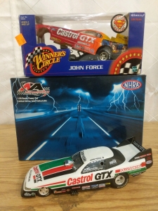 John Force Signed Diecast 1/24 Funny Car Castrol GTX Oldsmobile and John Force Castrol GTX Superman Racing Ford Mustang