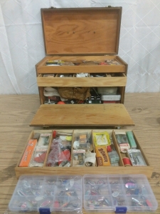 Whole Large Wood Fishing Tackle Box-Lures, Weights, Jigs, Reels