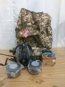 Zelinsky Group Full Face Gas Mask and (2)New Can Filters, Desert Camo Rucksack Hiking Bag and LED Headlamp Rechargeable