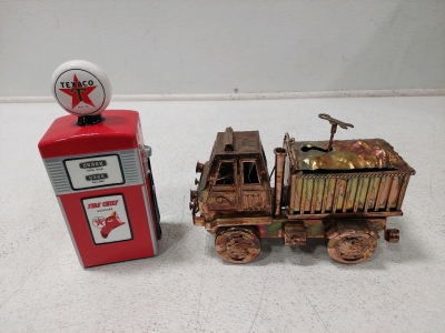 Vintage Texaco Gas Pump Music Box & Vintage Brass Looking Dump Truck Music Box
