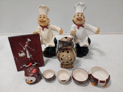 Vintage Decorative Chef Statue Wine Bottle Holders, Owl Decor Measuring Cups and More