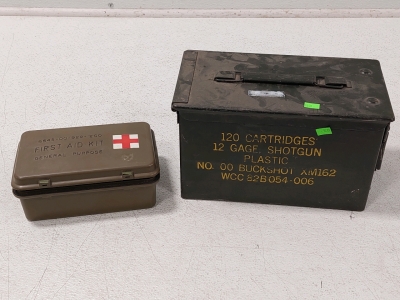 General Purpose Military First Aid Kit (Plastic) & 120 Catridge 12-Gauge Shotgun Military Case (Metal & No Shotgun Cartridges inside)