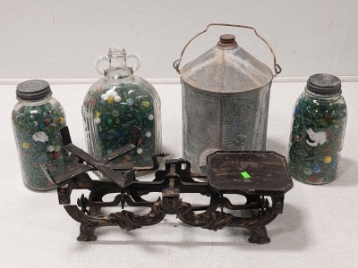 Ornate Cast Iron 5kg Antique Balance Scale, Galvanized Vintage Kerosene Can, (3) Vintage Glass Jars of Marbles