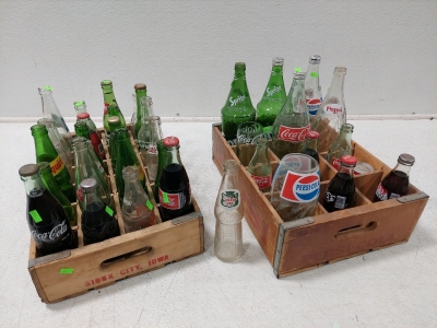 (2) Cases - Assorted Vintage Coca-Cola, Pepsi-Cola, Sprite, Squirt, Crush, Fanta, Canada Dry Bottles (Some Still Full), Pepsi & Chesterman Co Vintage Wood Bottle Cases (37 Bottles Total)