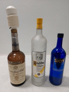 Vintage 1970 Canadian Club 19" Glass Bottle w/ Pump, Ketel One Citroen 4.5 Liter 22" Glass Bottle, Skyy Vodka 18" Glass Bottle (3 - Display Bottles)