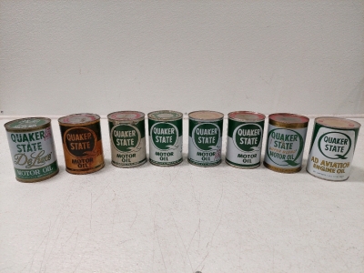 (8) Vintage Quaker State Unopened Cans - Deluxe Motor Oil (SAE 10W-40HD), SAE 30, (2)SAE 20-20W, SAE 30, SAE 10W, Super Blend SAE 10W-20W-30, AD Aviation SAE 50 - All 1 US Fluid Quart Cans