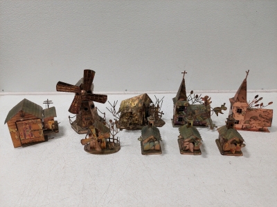 (9) Vintage Copper Colored Tin Music Boxes, Assorted Buildings, Windmills, School Houses, Water Wheel, & Shed (Most Seem to Play Music)
