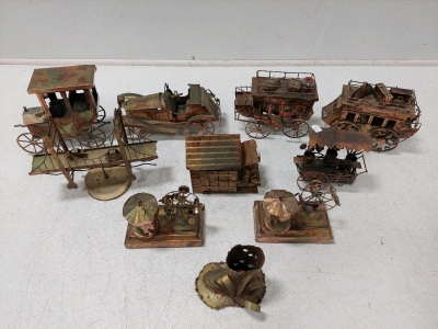 (10) Vintage Copper Colored Tin Music Boxes & Sculptures, Model T, Stagecoaches, Bridge, Shed, (2) Carousels, Boot (Music Boxes Seem to Still Play Music