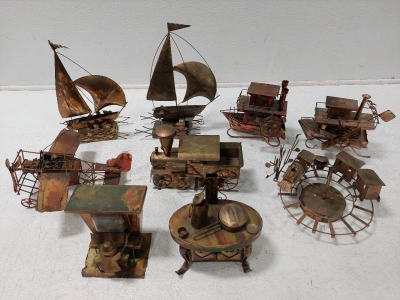 (9) Vintage Copper Colored Tin Sculpture Music Boxes, Boats, Plane, Trains, Piano, Cooking Range