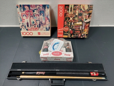 Coca-Cola Collectables, Vintage 1,000 & 2,000 Piece Puzzles Sets, 1997 Collectable Gift Set, Coca-Cola 2-Piece Pool Que in Hard Case