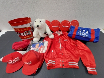 Coca-Cola Memorabilia, (3) Vintage Hats, Trash Can, Stuffed Polar Bear, Election T-Shirt (Size L), Jacket (Size S), (4) Frisbee, US Olympic Team Bag