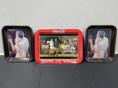 Vintage Coca-Cola (Replica) Metal Trays, (2) Flapper Girl Trays 10" x 13", Touring Car Tray 12&frac12;" x 17"