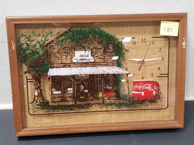 Coca-Cola Country Store Shack Painted Glass Burlap Background Hangable Clock (Working Clock) 13" x 19"