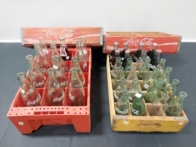 (36) Vintage Assorted Coca-Cola & Pepsi-Cola Glass Bottles w/ Vintage Wood & Plastic Carry Boxes (Some Unopened) 8oz & 16oz Bottles