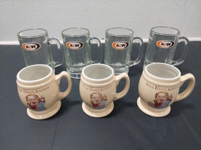 (3) Hires Rootbeer Ceramic Reproduction Mugs, (4) A&W Glass Mugs
