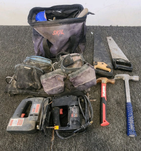 (2) Skil 4235 Jig Saws, Skil Tool Bag Filled with Various Tools, Kobolt Tool Belt, (2) Hand Saws, And (2) Hammers.