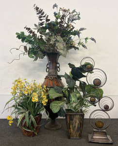 Large Metal Vase With Foliage, (2) Small Plants In Pots, Decorative Piece
