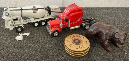 First Gear Oshkosh Front Cement JB Parson Color For Life Mixer, Peterbilt 379 semi-truck, Shotgun Shell Coasters & Bear Statue