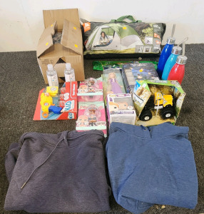 Ozark Trail 4 Person Dome Tent, Funko Pop Elsa Bloodstone, LOL Toy Dolls, Dart Blaster, (2) Goodies, Box Of Hand Sanitizer, Bag Of Travel Water Bottles, And More!