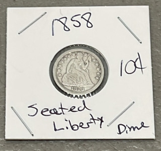 1858 Silver Seated Liberty Dime (Carded)