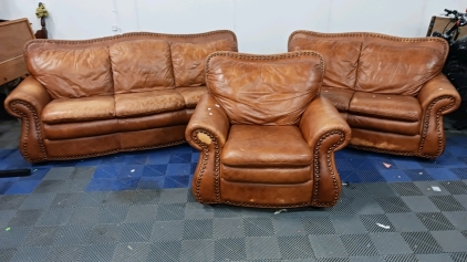 (3) Leather Nailhead Trim Seating Pieces - Sofa Loveseat Chair - Matching Set