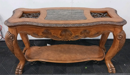 (1) Ornate Carved Wood Sofa Table w/ Marble Inlay Top - 50&frac12;"x20"x30"H