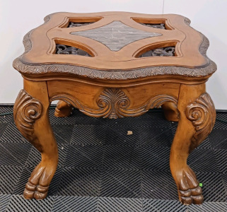 (1) Ornate Carved Wood End Table w/ Marble Inlay Top - 26"x26"x24&frac12;"H