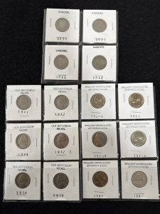 (4) 1899-1912 V Nickels (6) 1941-1959 Old Jefferson Nickels And (6) 1964-D - 1981 Brilliant Uncirculated Jefferson Nickel