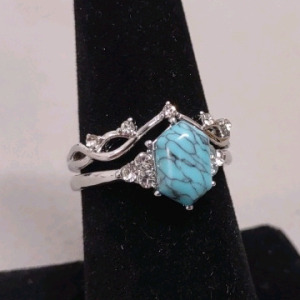 Size 7&frac12; 2-Piece Silver Toned Turquoise & Clear Gem Ring