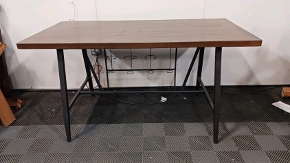 (1) Wood Top Table w/ Black Metal Frame & Wine Glass Holders - 47&frac34;"x23&frac34;"x36"H