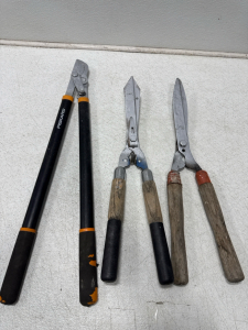 (1) Fiskars Power Lever Bypass Lopper And (2) Unbranded Hedge Trimmers