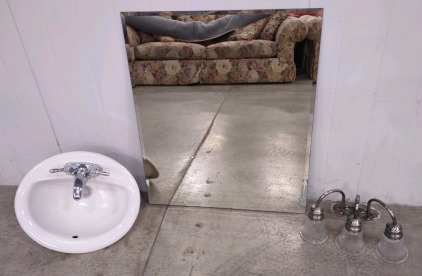 30"x 36" Frameless Mirror, Bathroom Hand Sink, & Small Light Fixture-Bathroom Set