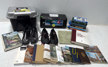 (1) Pair Of Nike Mens FastFlex Shoes Size 7.5 (1) Pair of Air Jordan Mens Shoes Size 7 (1) Rubbermaid Portable File Box (1) Super Z LT Tire Chains And Assorted Books