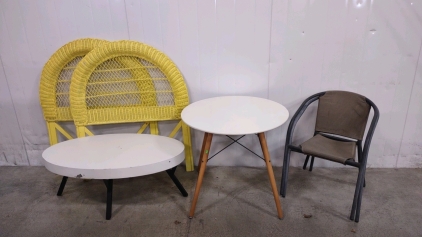 (1) Yellow Twin Size Wicker Headboard & Footboard Pieces to a Bed, (1) 43&frac14;"x 23&frac34;"x 17" Oval White Coffee Table, (1) 31&frac12;"x 31&frac12;"x 28" Round White Patio Table w/(2) Patio Chairs