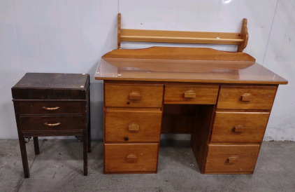 (1)17"x 12"x 26&frac12;" Antique Dark Brown Wooden Sewing Side Table, (1) 37&frac12;" Towel Holder/Rack, & (1) 47&frac14;"x 18"x 34" 7-Drawer Desk