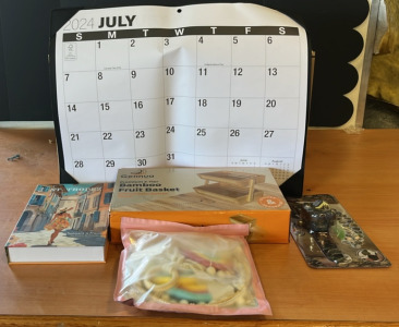 (1) Nekmit 2025 Yearly Calendar (1) Book Safe (1) 2-Tier Bamboo Fruit Basket & An Amazon Returns Box