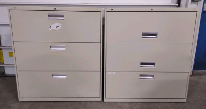 (2) 3'x 19&frac14;"x 40&frac34;" 3-Drawer Medium Sized Tan Metal Filing Cabinets