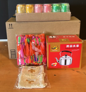(1) 4L Singing Whistling Kettle (1) 18 Variety Pack of Bubly (1) 1110 Pack of Water Balloons & An Amazon Returns Box