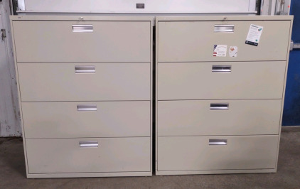 (2) 42"x 19&frac14;"x 53&frac14;" 4-Drawer Tan Large Filing Cabinets w/ Keys to Lock