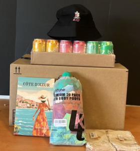 (1) 20 Pack of Shower Loofas (1) 18 Variety Pack of Bubly (1) 12 Pack of Little Hangover Kit Pouches & An Amazon Returns Box