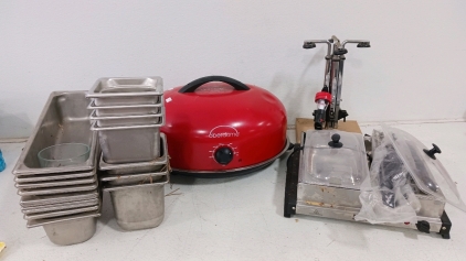 (22) Commercial Kitchen Equipment - (1) Oberdome Roaster (1) Food Warmer (1) Citrus Juicer (17) Stainless Pans (1) Glass Bowl (1) Warmer Lid
