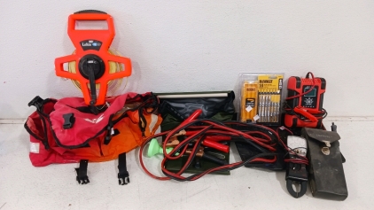 (13) Electrical & Utility Tools - (1) Amprobe Clamp Meter w/ Case (1) SUHU Battery Charger (1) Lufkin 100' Tape (2) DeWalt Bit Packs (1) Jumper Cables (1) First Aid Bag (1) Camp Shower (4) Assorted Cords & Accessories