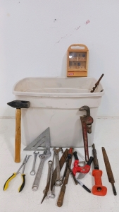 (1) White Tote of Hand Tools w/ (1) Ryobi Router Bit Set - 30+ Pieces