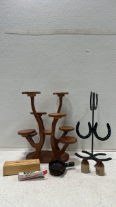 Bamboo 8-Tier Potted Plant Display Stand, Black Horseshoe Mug Tree, Set of (28) Dominoes in Box, (3) Miniature Cast Iron Pans, Ceramic Salt and Pepper Shakers, Vintage Kazoo